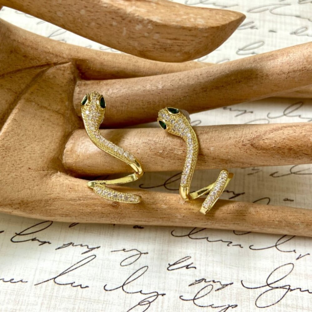 Gold Tone Rhinestone Snake Serpent Stud Drop Earrings